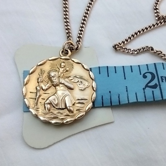 Vintage 12k GF St Christopher Medallion DEDICATED Necklace  28" Chain by GRENCI - Picture 5 of 7